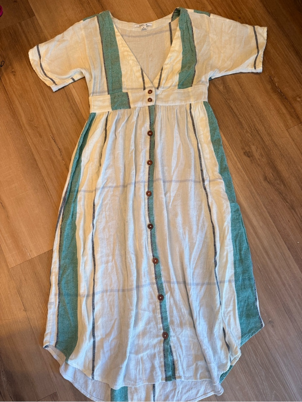 O'Neill Striped Button-Front Dress in Cream & Teal, cotton S- but fits M
